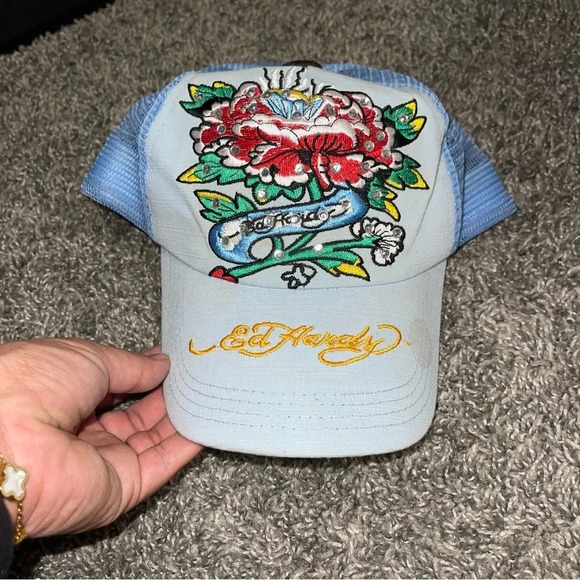 Ed Hardy Unisex Bling Out Baby Blue Y2K Hat - Picture 1 of 7